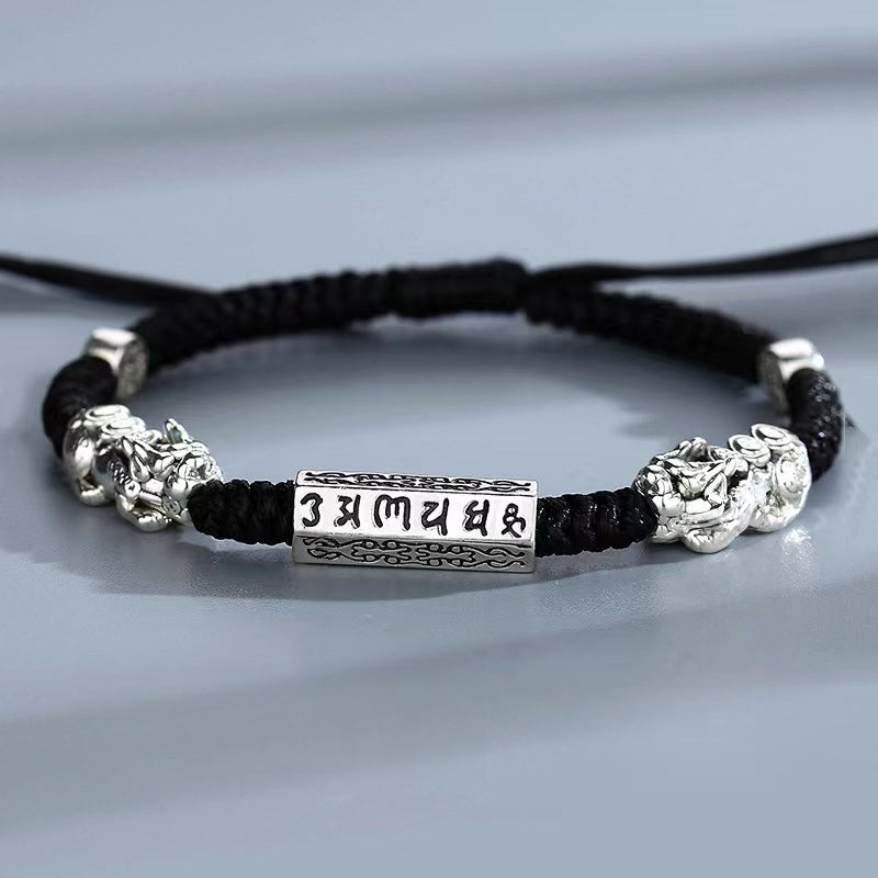 Om Mani Padme Hum Pi Yao Protection Bracelet - Electroplated Silver Cord of Blessings