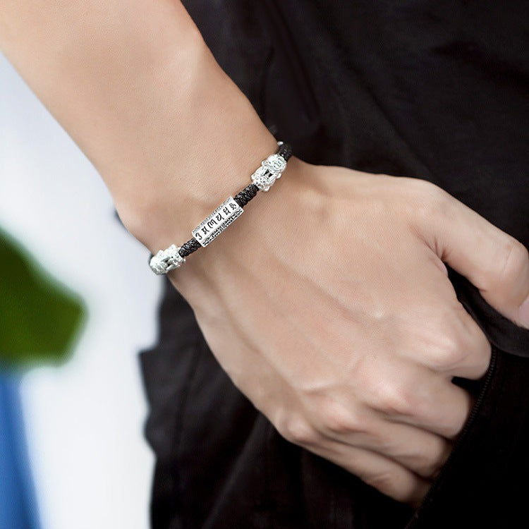 Om Mani Padme Hum Pi Yao Protection Bracelet - Electroplated Silver Cord of Blessings