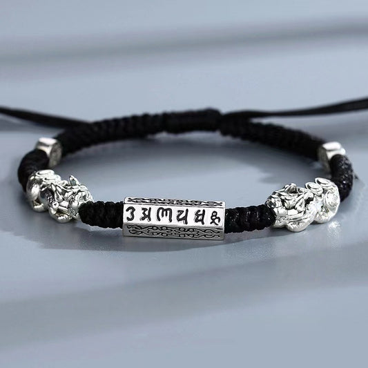 Om Mani Padme Hum Pi Yao Protection Bracelet - Electroplated Silver Cord of Blessings